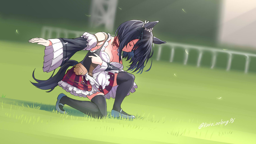 1girl animal_ears black_hair breasts cleavage closed_eyes eishin_flash_(umamusume) grass highres horse_ears horse_tail kuro_oolong one_knee racetrack skirt tail thighhighs twitter_username umamusume wide_sleeves