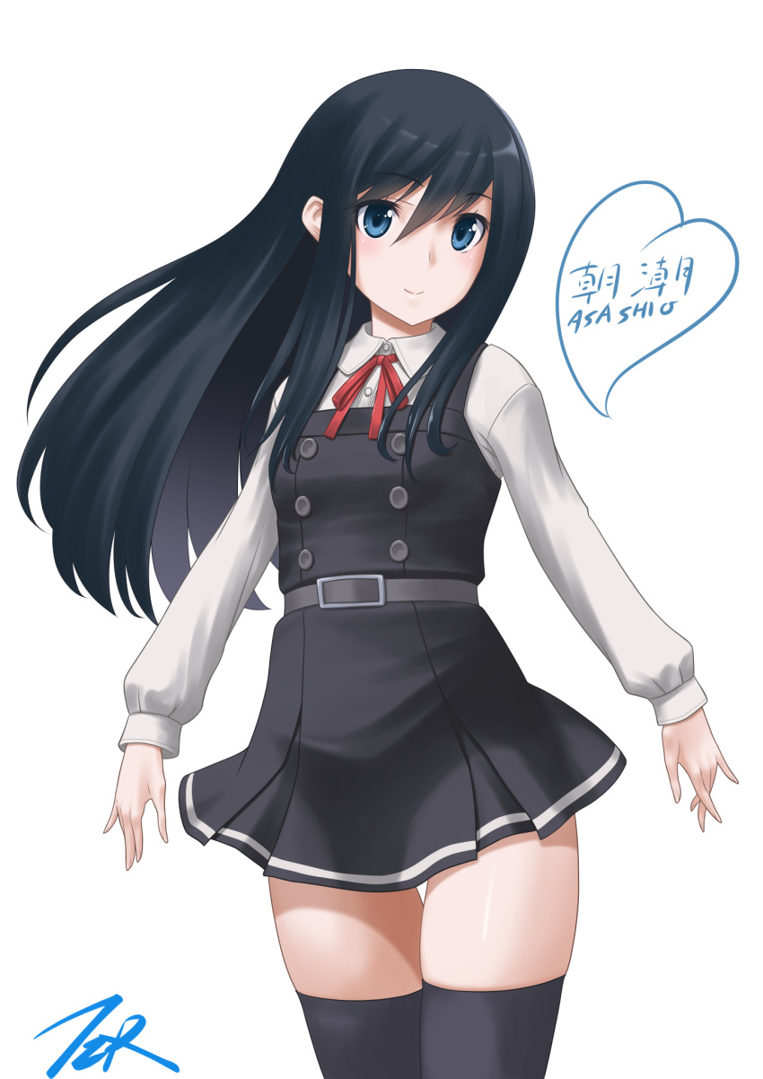 1girl asashio_(kancolle) belt black_hair black_legwear blue_eyes character_name commentary_request cowboy_shot dress highres kantai_collection long_hair long_sleeves looking_at_viewer neck_ribbon pinafore_dress red_ribbon remodel_(kantai_collection) revision ribbon school_uniform shirt simple_background smile solo t2r thigh_gap thighhighs white_background white_shirt