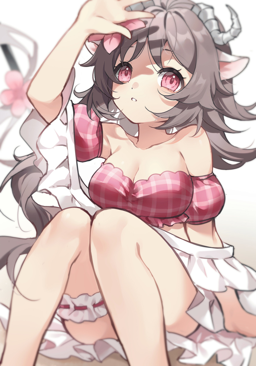 1girl absurdres animal_ears arknights bandeau bare_arms bare_shoulders bikini breasts brown_hair cleavage detached_sleeves eyjafjalla_(arknights) eyjafjalla_(summer_flowers)_(arknights) feet_out_of_frame hand_up highres horns knees_together_feet_apart knees_up large_breasts leg_garter long_hair pink_eyes puffy_short_sleeves puffy_sleeves shao_(shaorouhong) sheep_ears sheep_horns short_sleeves solo strapless strapless_bikini swimsuit thighs