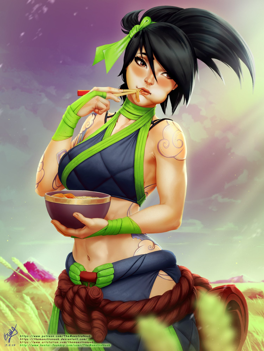 1girl akali arm_tattoo black_hair blush bowl breasts brown_eyes chopsticks chopsticks_in_mouth clothing_cutout cloud cowboy_shot crop_top day eating field fingerless_gloves food food_in_mouth full-body_tattoo gloves grass grasslands green_gloves green_ribbon hair_ribbon highres holding holding_bowl league_of_legends looking_to_the_side medium_breasts midriff mountain navel ninja noodles ponytail ramen ribbon rope rope_belt shoulder_tattoo signature solo sunlight tattoo themaestronoob