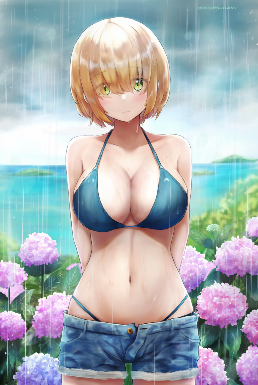 1girl amano_kusatsu arms_behind_back bare_arms bare_shoulders bikini blonde_hair blue_bikini blue_shorts breasts cleavage closed_mouth collarbone cowboy_shot cutoffs denim denim_shorts eyes_visible_through_hair flower green_eyes hair_between_eyes halter_top halterneck highleg highleg_bikini highres hydrangea large_breasts looking_at_viewer mole mole_on_breast mole_on_stomach navel open_fly original outdoors rain short_hair short_shorts shorts sidelocks solo stomach string_bikini swimsuit water wet