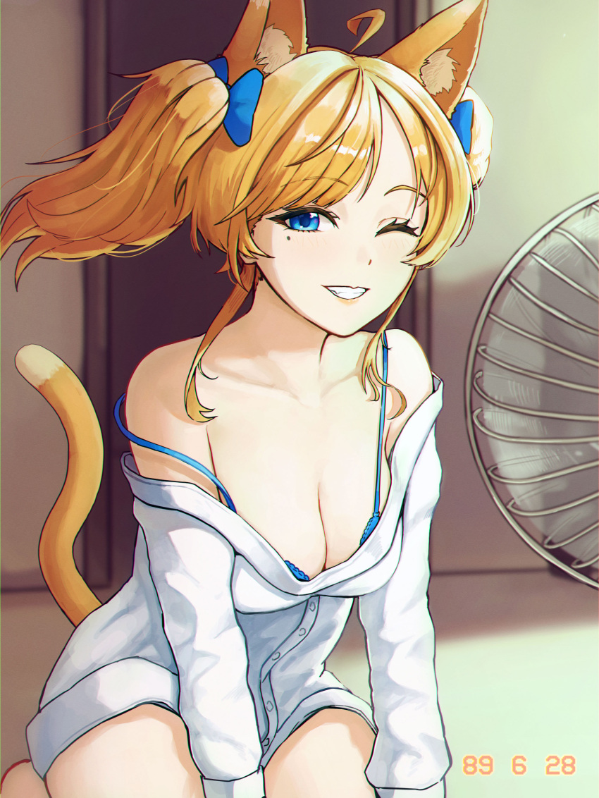 1girl absurdres ahoge all_fours animal_ears bare_legs bare_shoulders blonde_hair blue_bow blue_bra blue_eyes bow bra breasts cat_ears cat_tail cleavage collarbone dated dress_shirt eyebrows_visible_through_hair fan grin highres indoors kneeling lips long_hair looking_at_viewer matmaj medium_breasts mole mole_under_eye one_eye_closed open_clothes original partially_unbuttoned shirt smile solo strap_slip tail twintails underwear white_shirt wind