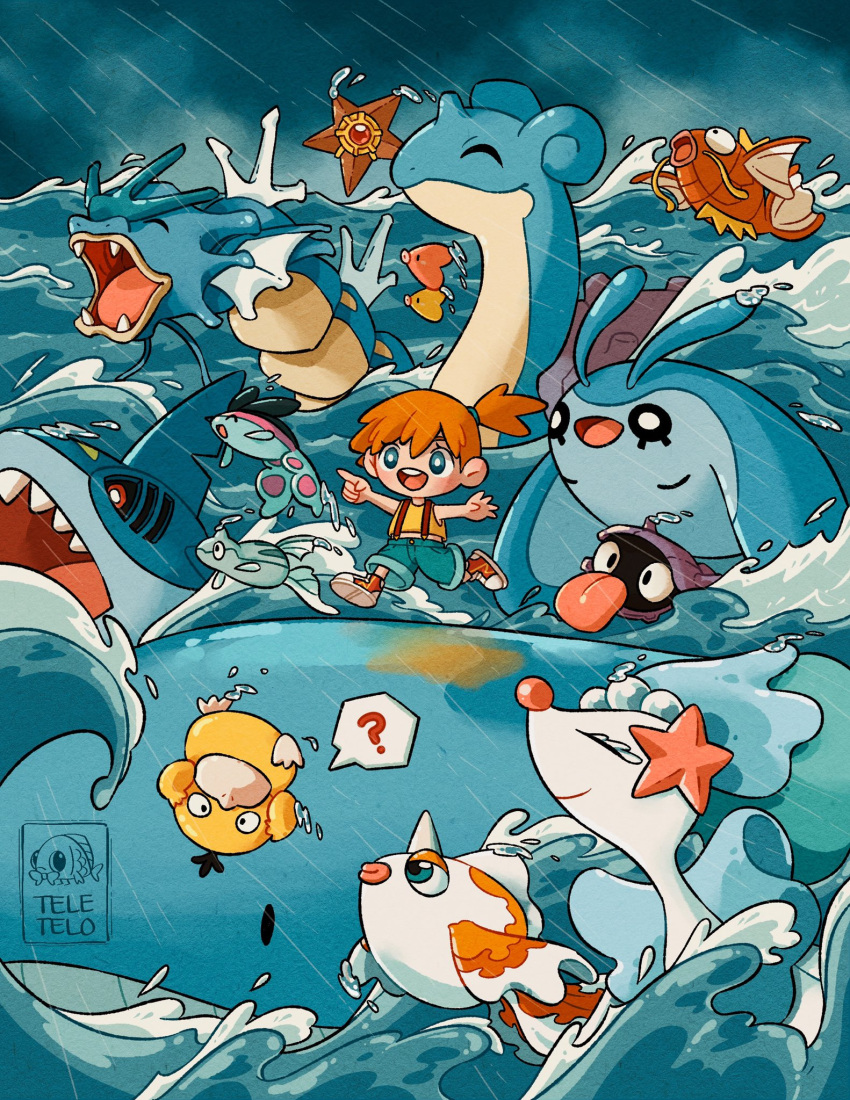 1girl :d ? artist_name chibi english_commentary finneon gen_1_pokemon gen_2_pokemon gen_3_pokemon gen_4_pokemon gen_7_pokemon goldeen gyarados highres lapras luvdisc magikarp mantyke misty_(pokemon) ocean open_mouth orange_hair pointing pokemon pokemon_(anime) pokemon_(classic_anime) pokemon_(creature) primarina psyduck rain remoraid running sharpedo shellder smile spoken_question_mark staryu teletelo wailord water