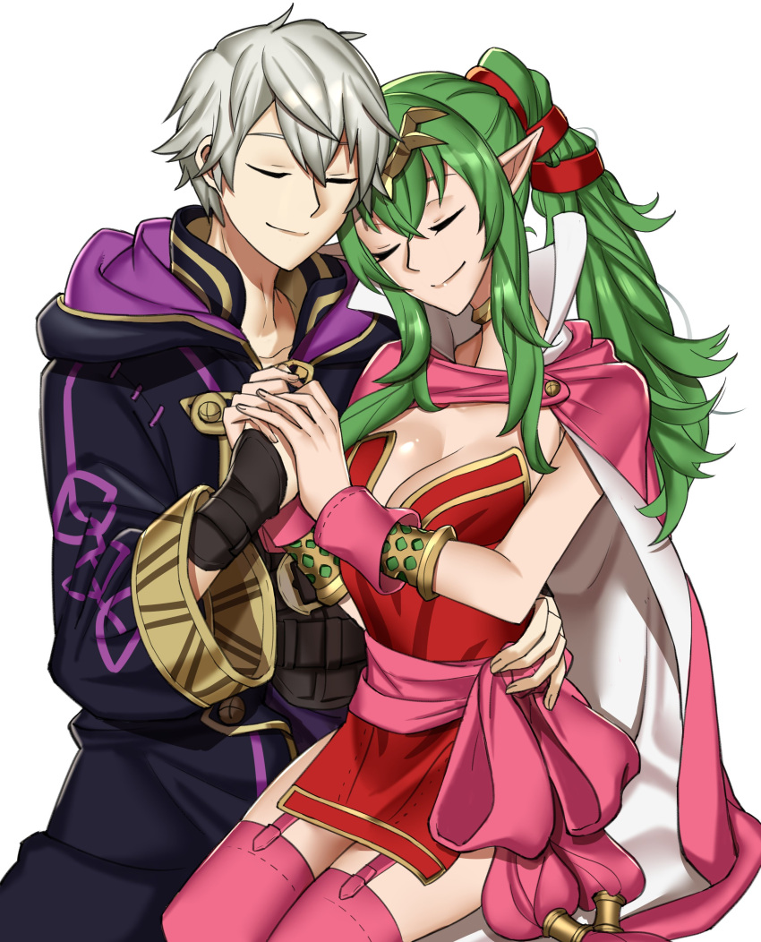 1boy 1girl absurdres bracelet breasts cape commission couple dress ebinku fire_emblem fire_emblem_awakening gloves green_eyes green_hair hair_ornament hair_ribbon hetero highres holding_hands hug jewelry large_breasts long_hair manakete older pointy_ears ponytail ribbon robe robin_(fire_emblem) robin_(fire_emblem)_(male) short_hair smile tiara tiki_(fire_emblem) white_hair