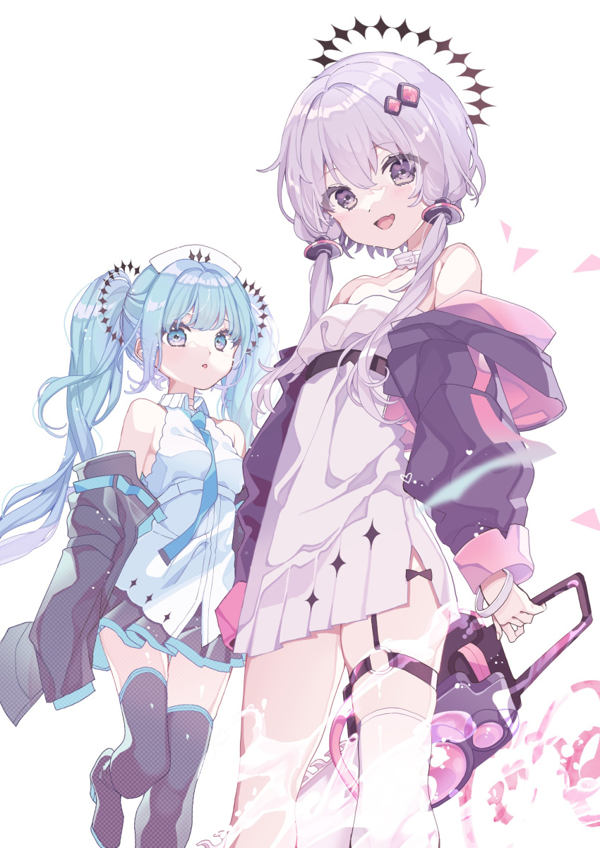 2girls absurdres bare_shoulders black_jacket black_legwear black_skirt blue_eyes blue_hair blue_neckwear boots bracelet breasts choker collared_shirt commentary_request dress eyebrows_visible_through_hair falling_petals fang feet_out_of_frame garter_straps hair_ornament halo hat hatsune_miku highres holding_chainsaw jacket jewelry konpe_itou long_hair looking_at_viewer looking_down multiple_girls necktie nurse_cap off_shoulder open_mouth parted_lips petals pleated_skirt ponytail purple_dress purple_eyes purple_hair purple_jacket shiny shirt simple_background single_thighhigh skin_fang skindentation skirt sleeveless sleeveless_dress sleeveless_shirt sleeves_past_fingers sleeves_past_wrists small_breasts smile splashing thigh_boots thigh_strap thighhighs twintails vocaloid voiceroid white_background white_choker white_legwear white_shirt yuzuki_yukari