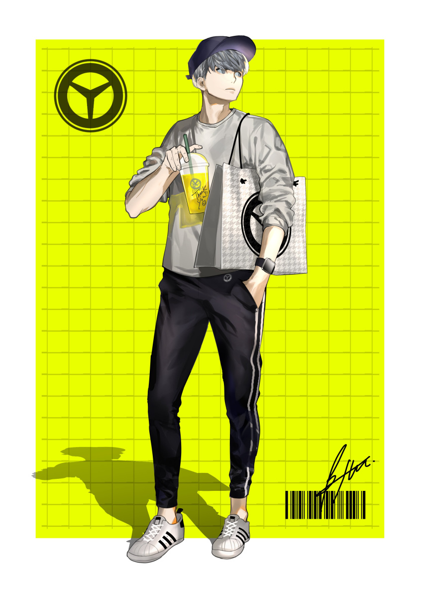 1boy absurdres alternate_costume bag bangs barcode black_headwear black_pants btmr_game closed_mouth cup disposable_cup full_body hand_in_pocket hat highres holding holding_cup male_focus narukami_yuu pants persona persona_4 shirt shoes shopping_bag signature silver_eyes silver_hair simple_background sneakers solo standing track_pants watch white_footwear wristwatch