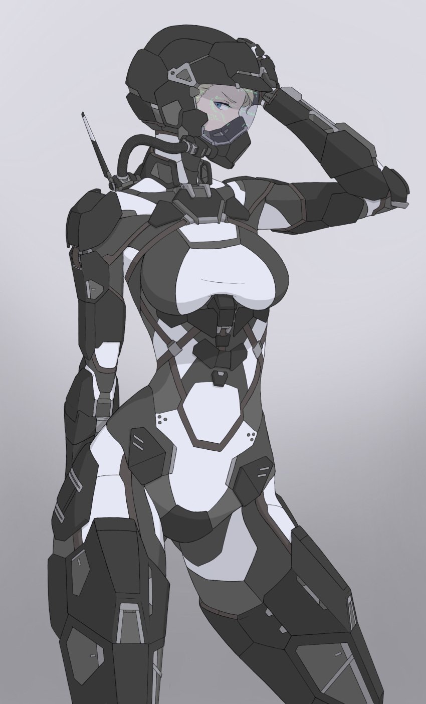 1girl absurdres arm_at_side armor blonde_hair blue_eyes bodysuit breasts commission dot_(pixiv31843045) english_commentary flat_color full_armor gradient gradient_background grey_background hand_on_own_head heads-up_display helmet highres looking_at_viewer mask medium_breasts mouth_mask original respirator science_fiction skin_tight solo tube