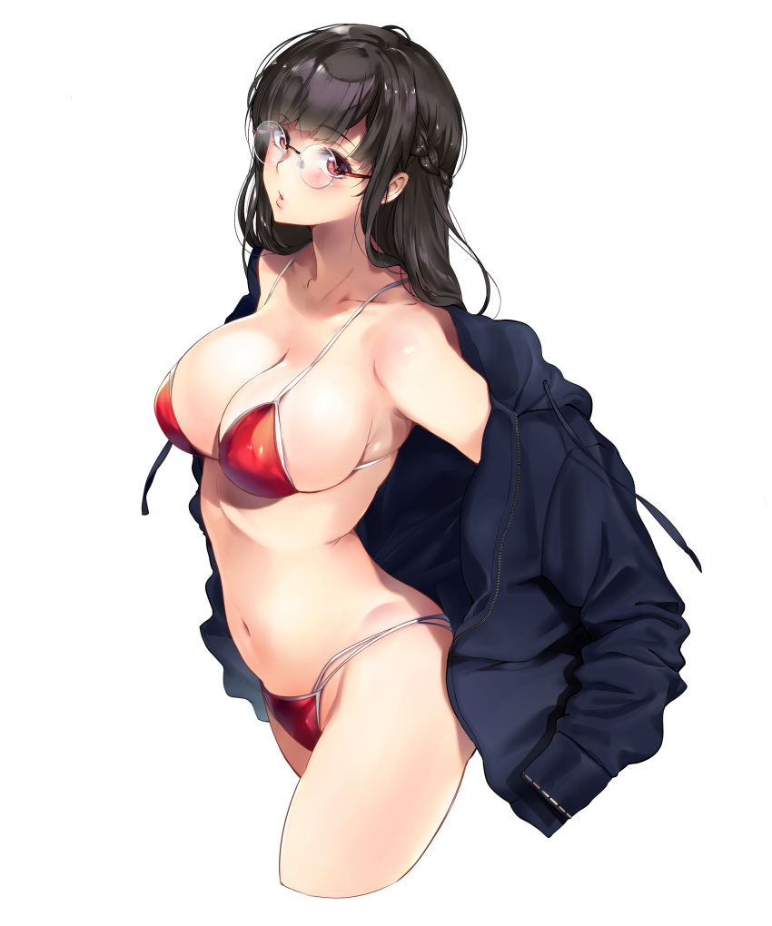 1girl absurdres bangs bare_shoulders bikini black_hair blush braid breasts cleavage collarbone collared_shirt commentary_request eyebrows_visible_through_hair glasses highres jacket lips long_hair long_sleeves looking_at_viewer navel off_shoulder open_clothes open_jacket open_shirt original red_bikini red_eyes round_eyewear shiny shiny_hair shiny_skin shirt sketch sleeve_cuffs solo stomach swimsuit thighs tied_hair warabino_matsuri