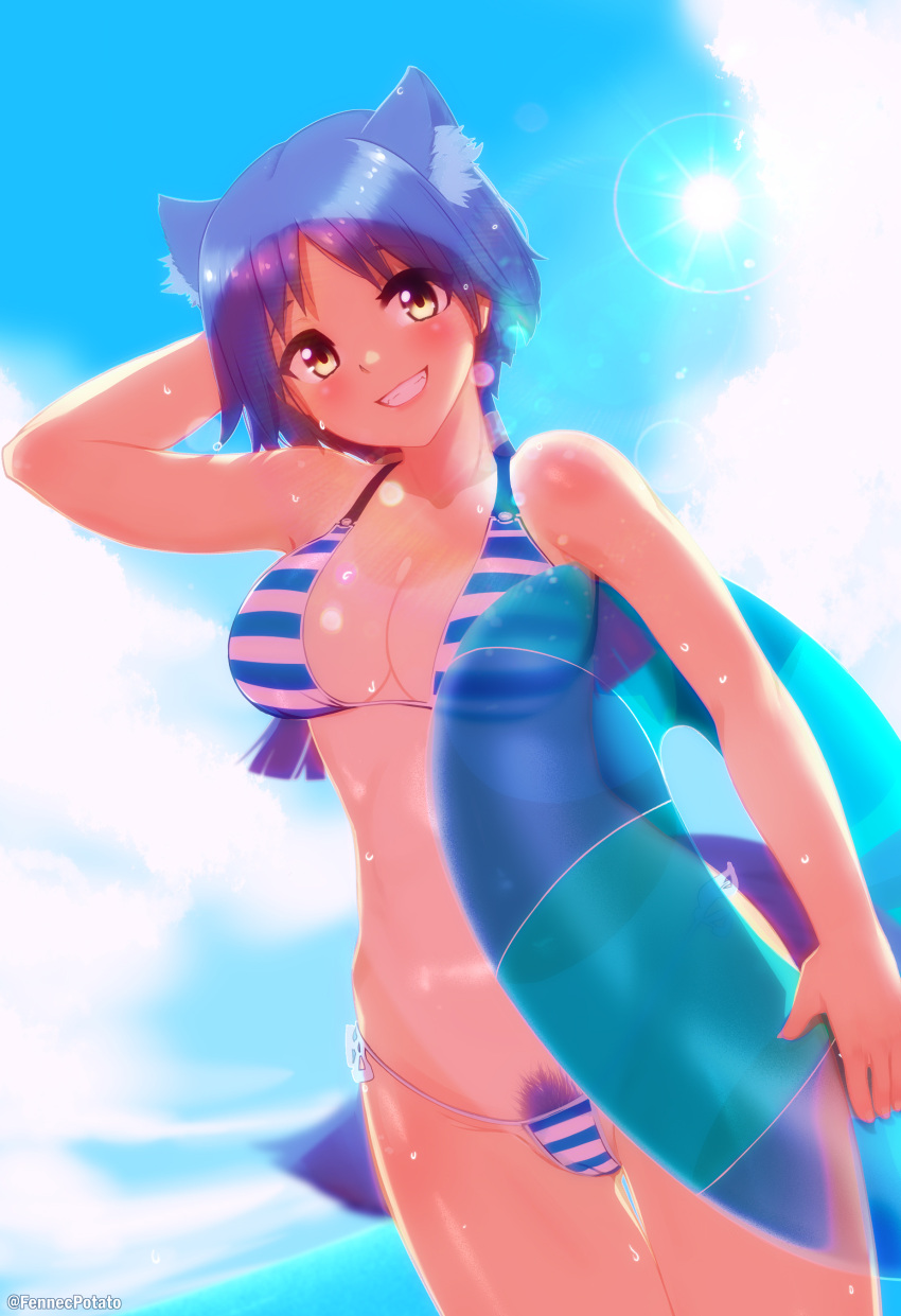 absurdres animal_ears arm_up beach fennecpotato galil_ar_(upotte!!) highres md5_mismatch pubic_hair purple_hair smile tail tan tanline upotte!! wet