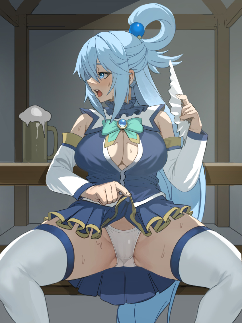 1girl absurdres alcohol aqua_(konosuba) bad_id bad_pixiv_id bare_shoulders beer beer_mug blue_eyes blue_hair breasts cleavage clothes_lift commentary cup detached_sleeves hair_bobbles hair_ornament hand_fan highres hot kono_subarashii_sekai_ni_shukufuku_wo! lifting_own_clothes long_hair looking_away mug open_mouth p-gnesium panties pleated_skirt ponytail sitting skirt skirt_lift solo spread_legs sweat teeth thighhighs underwear white_panties white_thighhighs