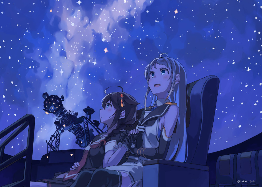 2girls ahoge bangs blue_theme braid chair commentary_request dome elbow_gloves fingerless_gloves gloves hair_flaps hair_ornament hair_over_shoulder highres holding_hands indoors kantai_collection long_hair looking_up multiple_girls neckerchief necktie planetarium projector remodel_(kantai_collection) sailor_collar samidare_(kancolle) school_uniform serafuku shigure_(kancolle) shirt single_braid sky sleeveless sleeveless_shirt star_(sky) starry_sky sugue_tettou swept_bangs thighhighs very_long_hair