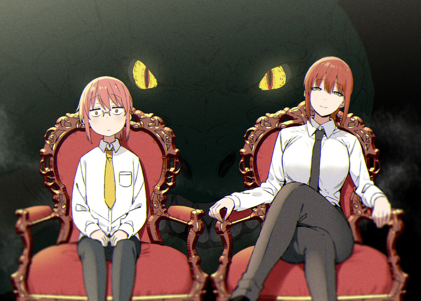 2girls bangs black_neckwear black_pants breasts chainsaw_man collared_shirt crossed_legs crossover dragon expressionless eyebrows_visible_through_hair glasses glowing glowing_eyes hands_on_own_thighs highres kobayashi-san_chi_no_maidragon kobayashi_(maidragon) large_breasts leaning_to_the_side look-alike makima_(chainsaw_man) multiple_girls necktie pants red_eyes red_hair shirt sitting sky-freedom smile white_shirt yellow_eyes yellow_neckwear