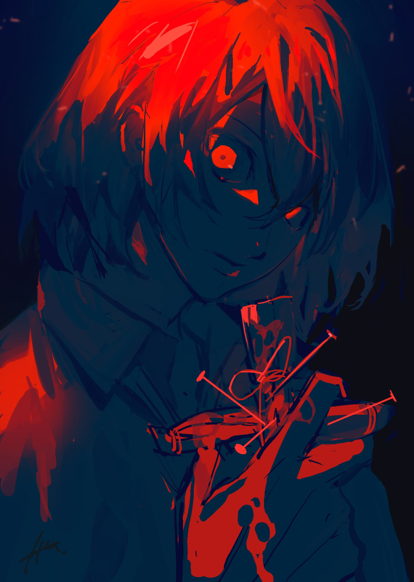 1boy absurdres akechi_gorou bangs btmr_game closed_mouth hair_between_eyes highres holding limited_palette looking_at_viewer male_focus nail persona persona_5 signature simple_background solo upper_body voodoo_doll