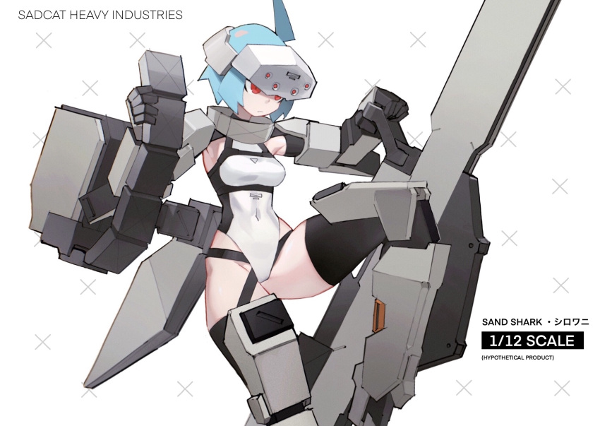 1girl ahoge armor blue_hair commentary_request covered_navel english_text gun head_mounted_display highres holding holding_weapon leotard mecha_musume original red_eyes rifle sadcat science_fiction serious short_hair solo weapon