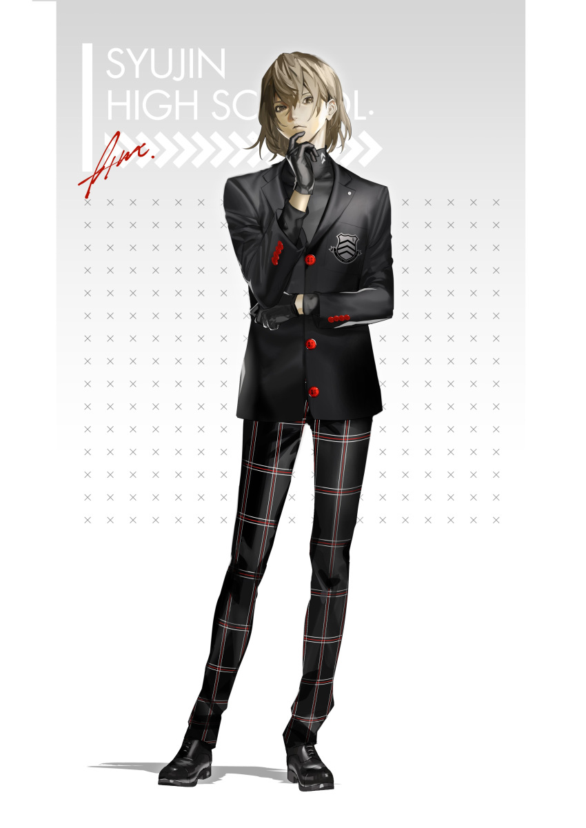 1boy absurdres akechi_gorou bangs black_gloves black_jacket brown_eyes brown_hair btmr_game closed_mouth gloves hair_between_eyes highres jacket long_sleeves male_focus pants persona persona_5 plaid plaid_pants school_uniform shuujin_academy_uniform signature simple_background solo standing