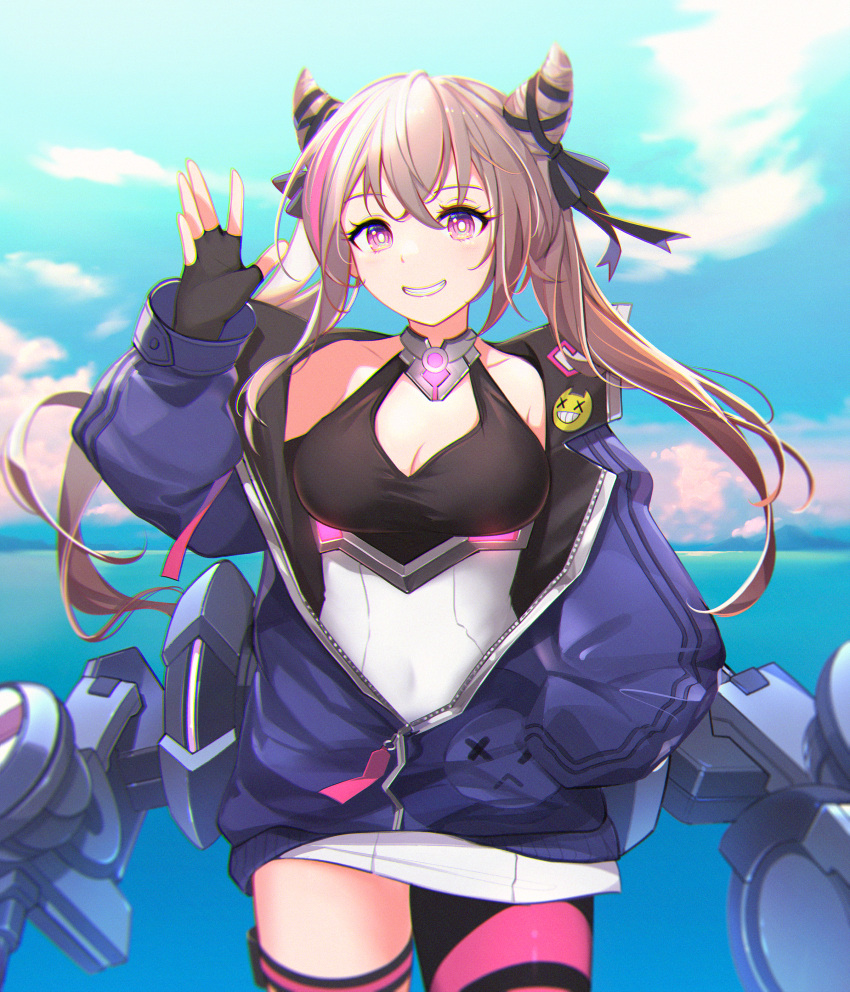 1girl absurdres azur_lane black_gloves black_ribbon blue_jacket blue_sky breasts cleavage dress eyebrows_visible_through_hair feet_out_of_frame fingerless_gloves gloves hair_ribbon hand_in_pocket hand_up highres horns huge_filesize jacket light_brown_hair long_hair looking_at_viewer medium_breasts multicolored_hair open_clothes open_jacket purple_eyes rabe26k ribbon san_francisco_(azur_lane) short_dress sky smile solo standing thighhighs two-tone_hair water