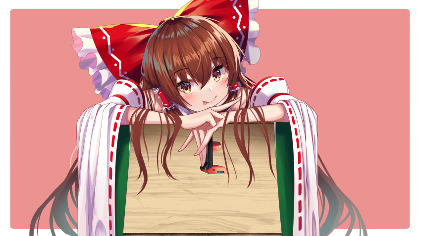 1girl absurdres afueeriru bow box brown_eyes brown_hair camera detached_sleeves frilled_bow frills hair_bow hair_tubes hakurei_reimu highres japanese_clothes long_hair miko nontraditional_miko red_bow ribbon-trimmed_sleeves ribbon_trim sidelocks touhou wood wooden_box yellow_neckwear