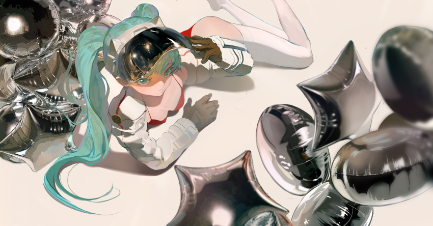 1girl absurdres adjusting_clothes adjusting_headwear aqua_eyes aqua_hair arm_support balloon bangs beige_background blurry blurry_foreground bra breasts brown_gloves closed_mouth commentary_request expressionless gloves hatsune_miku helmet highres jacket long_hair long_sleeves looking_at_viewer mr._owlish on_floor panties red_bra red_panties shadow simple_background small_breasts solo thighhighs twintails underwear vocaloid white_jacket white_legwear