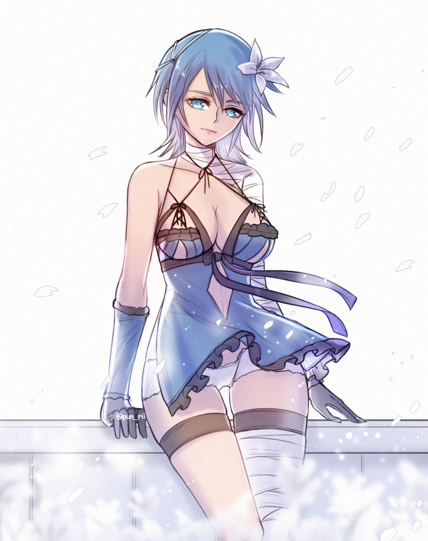 1girl aqua_(kingdom_hearts) bandaged_arm bandaged_leg bandaged_neck bandages black_gloves blue_eyes breasts cleavage company_connection cosplay flower gloves hair_flower hair_ornament highres kaine_(nier) kaine_(nier)_(cosplay) kingdom_hearts kingdom_hearts_birth_by_sleep large_breasts lingerie lunar_tear negligee nier nier_(series) pun-rii short_hair single_thighhigh solo square_enix thighhighs underwear