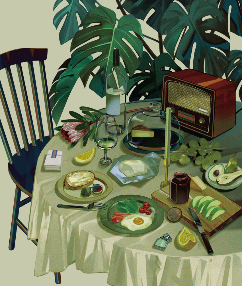 alcohol avocado bacon bottle butter cake cake_slice cake_stand candle candlestand chair cheese cigarette_pack commentary cup cutting_board drinking_glass english_commentary fig flower food food_focus fork fruit grapes green_theme highres jam jar knife leaf lemon lemon_slice lettuce lighter no_humans original pear plate radio red_flower saiga_tokihito scenery still_life sunny_side_up_egg table tablecloth toast tomato_slice wine wine_bottle wine_glass