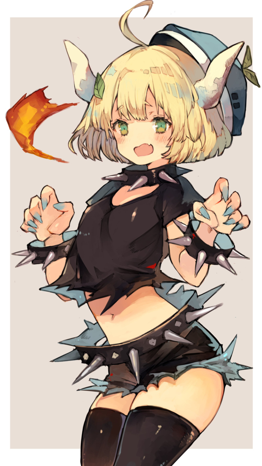 1girl absurdres ahoge bangs beret blonde_hair blue_headwear bowsette bowsette_(cosplay) bracelet breasts claw_pose collar commission cosplay fen_(vtuber) green_eyes hat highres horns indie_virtual_youtuber jewelry kemomin_nosuke mario_(series) navel open_mouth second-party_source short_hair skeb_commission skindentation small_breasts solo spiked_belt spiked_bracelet spiked_collar spikes thighhighs virtual_youtuber