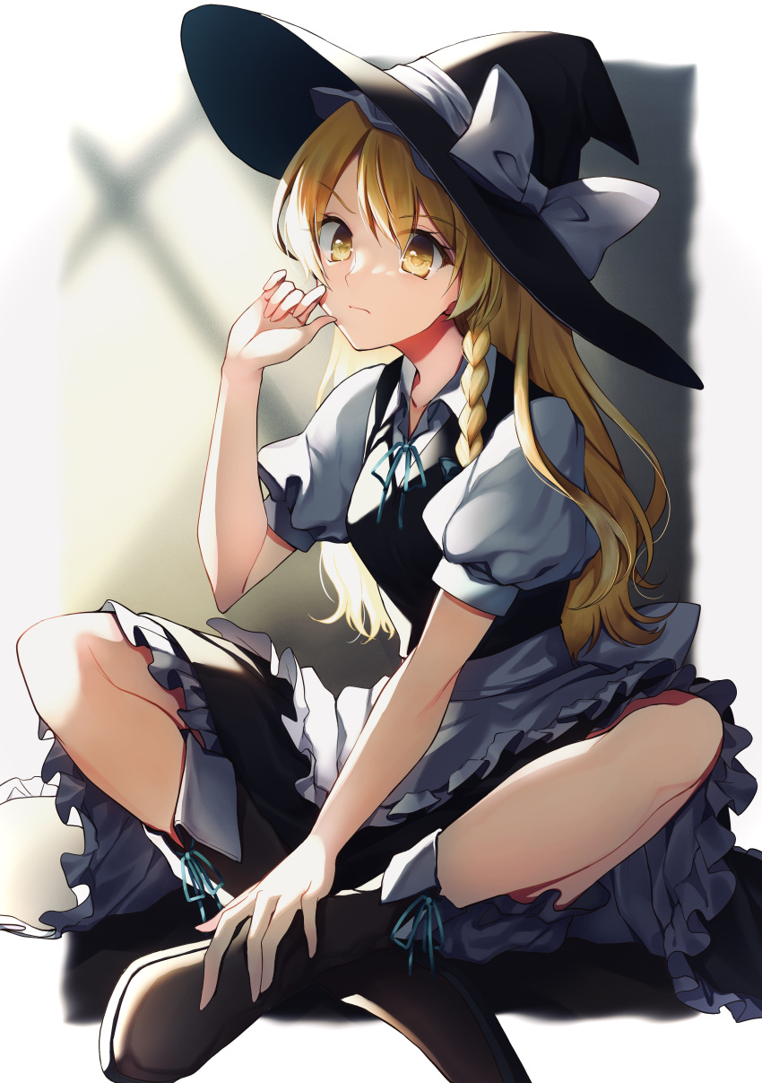 1girl absurdres aqua_neckwear black_skirt black_vest blonde_hair bloomers boots bow braid eyebrows_visible_through_hair footwear_ribbon hat hat_bow highres indian_style kaede_(mmkeyy) kirisame_marisa long_hair neck_ribbon petticoat puffy_short_sleeves puffy_sleeves ribbon short_sleeves side_braid single_braid sitting skirt solo touhou underwear vest white_bow witch_hat yellow_eyes