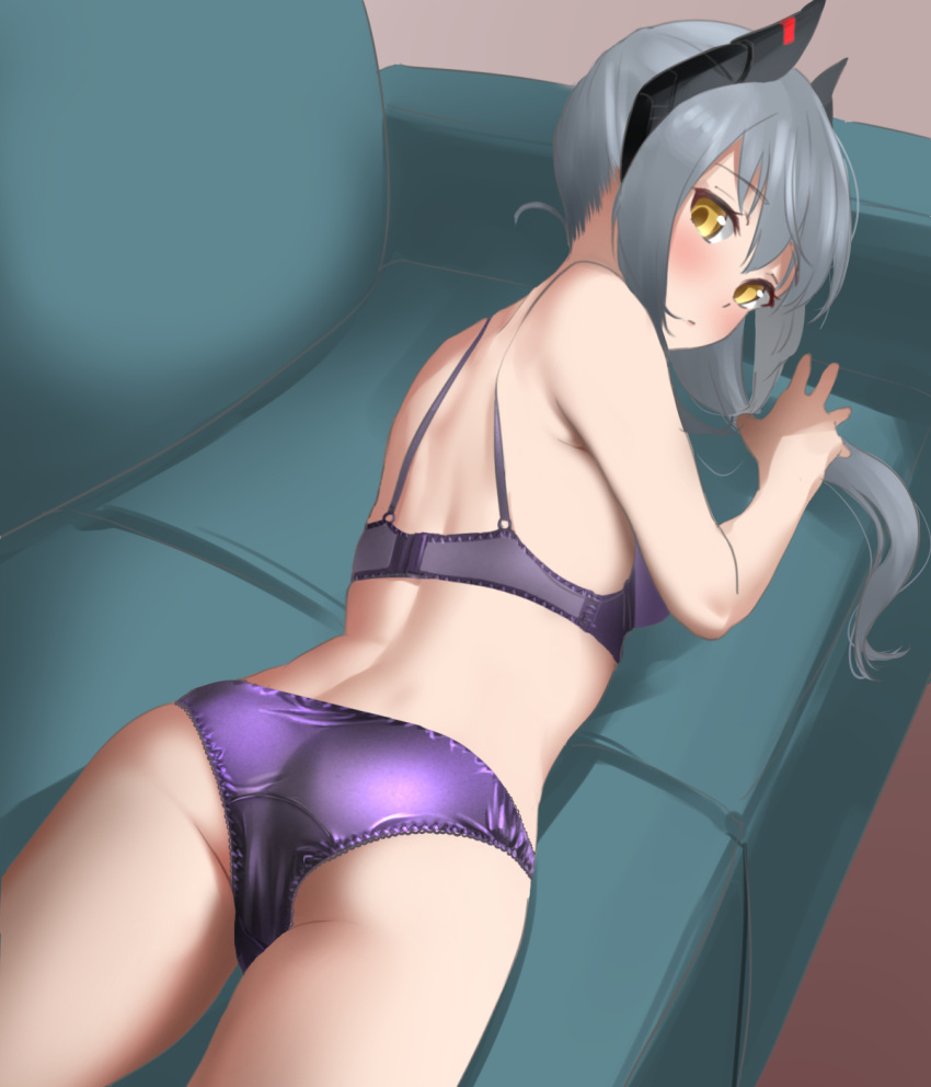 1000-chan 1girl ass back bare_arms bare_legs bare_shoulders blush bra couch from_behind grey_hair highres long_hair looking_at_viewer looking_back lying oizumi on_stomach panties purple_bra purple_panties satin_bra satin_panties solo tama_(seiga46239239) underwear underwear_only yellow_eyes