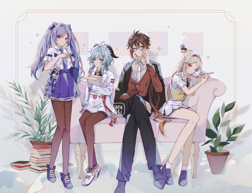 1boy 3girls :| ahoge alternate_costume arm_rest bag bangs black_footwear black_hair blue_hair blue_ribbon blue_skirt book braid breasts brown_hair brown_legwear chinese_knot closed_mouth coat collared_shirt colored_tips couch crossed_legs diamond-shaped_pupils diamond_(shape) double_bun eyebrows_visible_through_hair eyeliner eyeshadow flower flower_pot formal ganyu_(genshin_impact) genshin_impact glasses goat_horns gradient_hair hair_between_eyes hair_cones hair_ears hair_ornament hair_tie hairband hairpin hand_on_own_cheek hand_on_own_chest hand_on_own_face hand_up highres holding holding_paper holding_pen horns jacket jewelry keqing_(genshin_impact) long_hair long_pants long_sleeves looking_at_viewer makeup multicolored_hair multiple_girls necktie ningguang_(genshin_impact) office_lady one_eye_closed orange_hair painting_(object) pants pantyhose paper parted_bangs pen plant ponytail purple_eyes purple_footwear purple_hair red_eyes red_eyeshadow ribbon shadow shirt shoes shoulder_bag sidelocks signature sitting skirt smile sparkle_background standing symbol-shaped_pupils tassel teeth twintails twitter_username very_long_hair vest white_flower white_footwear white_hair white_legwear white_shirt white_skirt yellow_eyes yeurei zhongli_(genshin_impact)