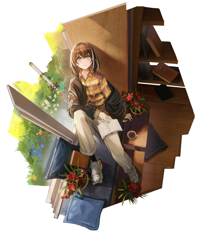 1girl absurdres arknights book bookshelf brown_eyes brown_hair casual coffee couch flower_pot from_above highres magallan_(arknights) open_book pants shoes smile sneakers window xiaomai_yorik