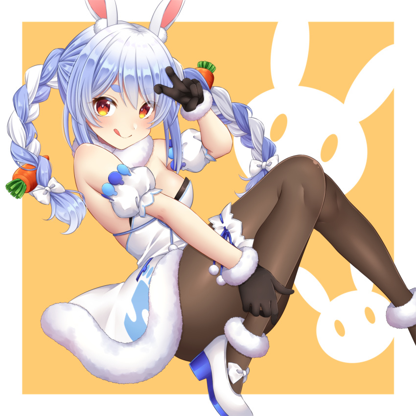 1girl :q animal_ear_fluff animal_ears ankle_garter bangs black_gloves black_legwear black_leotard blue_hair blush braid breasts bunny-shaped_pupils bunny_ears carrot_hair_ornament coat detached_sleeves floating food-themed_hair_ornament fur-trimmed_coat fur-trimmed_gloves fur_scarf fur_trim gloves hair_ornament high_heels highres hikimayu hololive hugging_own_legs leg_garter leotard leotard_under_clothes long_hair looking_at_viewer mary_janes medium_breasts multicolored_hair orange_eyes pantyhose puffy_short_sleeves puffy_sleeves rabbit_girl scarf shoes short_eyebrows short_sleeves smile solo sorakase_sawa strapless strapless_coat strapless_leotard swept_bangs thick_eyebrows tongue tongue_out twin_braids twintails two-tone_hair usada_pekora v virtual_youtuber white_coat white_footwear white_hair white_scarf white_sleeves