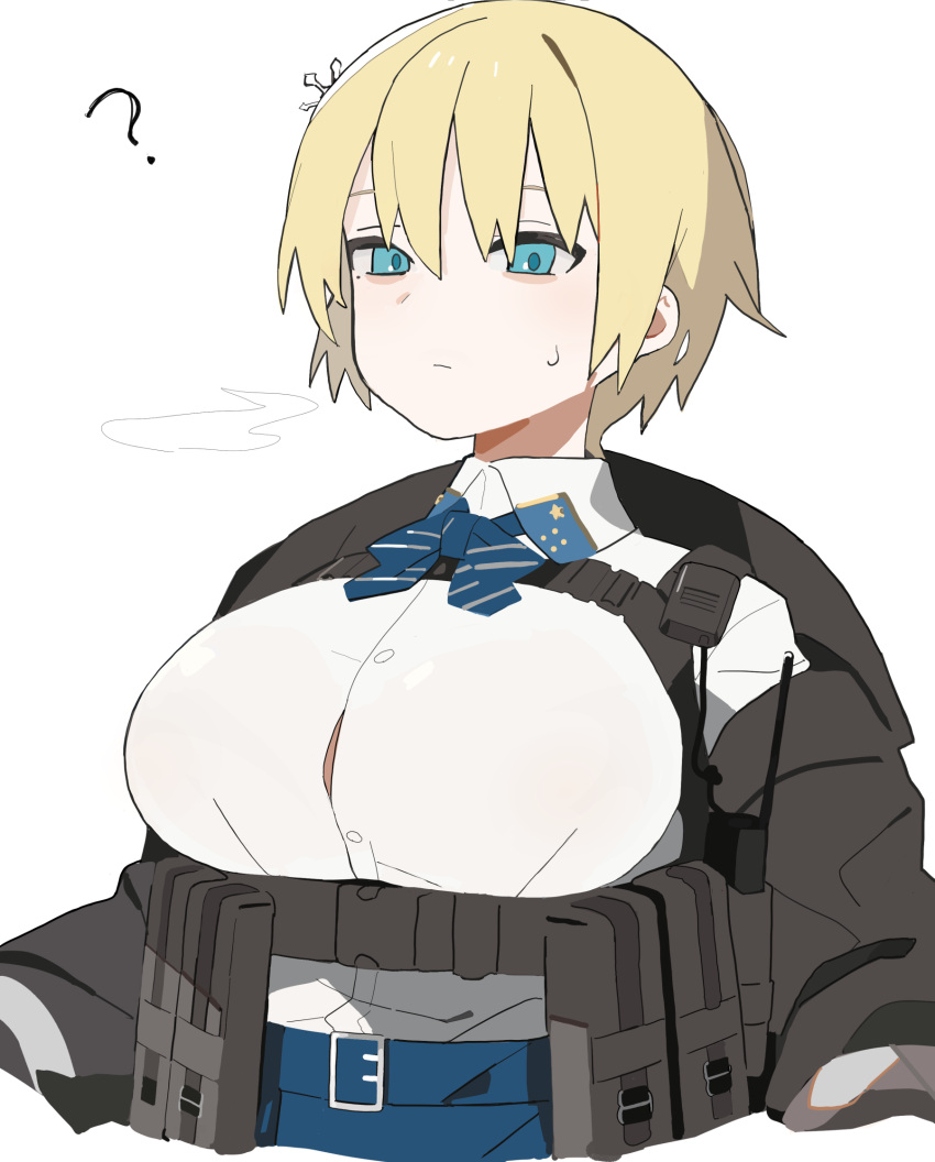 1girl ? belt_pouch blonde_hair blue_eyes bow breasts breath closed_mouth girls'_frontline hair_between_eyes hair_ornament highres large_breasts mole mole_under_eye pouch see-through short_hair simple_background solo striped striped_bow sweat vsk-94_(girls'_frontline) white_background yuki_hotaru