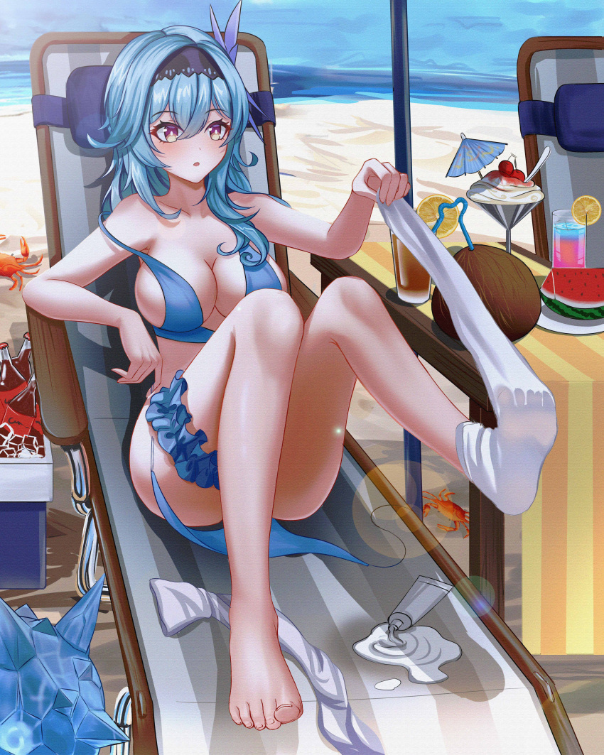 1girl :o absurdres barefoot beach blue_hair blush breasts cleavage coconut crab drink eula_(genshin_impact) feet food fruit full_body genshin_impact hairband highres huge_filesize ice_cream kujuu_(zacu2523) large_breasts lotion ocean open_mouth sock_pull solo strap_pull sundae swimsuit toes watermelon