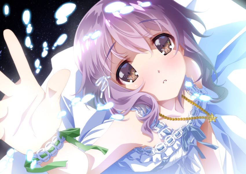 1girl bare_arms bare_shoulders brown_eyes commentary_request dress hair_ribbon highres idolmaster idolmaster_million_live! idolmaster_million_live!_theater_days jewelry long_dress looking_at_viewer looking_up makabe_mizuki necklace night pearl_necklace purple_hair ribbon senomoto_hisashi short_hair sky sleeveless sleeveless_dress solo star_(sky) starry_sky sundress white_dress white_ribbon wrist_ribbon