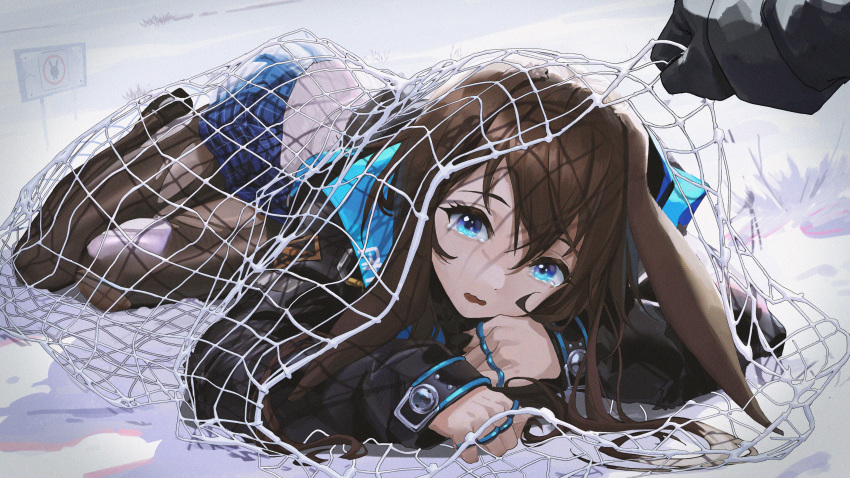 1girl absurdres amiya_(arknights) animal_ears arknights bangs black_coat black_gloves blue_eyes blue_skirt brown_hair brown_legwear bunny_ears coat commentary crying crying_with_eyes_open day ears_down fishing_net full_body gloves highres huge_filesize jewelry long_hair long_sleeves looking_at_viewer lying miniskirt multiple_rings net on_ground on_side open_mouth outdoors pantyhose plaid plaid_skirt pov ring sign skirt snow solo_focus tears trapped ttk_(kirinottk) wavy_mouth winter