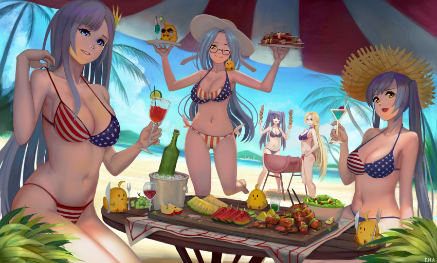 5girls absurdres alternate_costume american_flag_bikini artist_name azur_lane beach beach_umbrella bikini blonde_hair blue_eyes blue_hair blue_sky breasts bunker_hill_(azur_lane) c.h.a cocktail_glass cup drinking_glass essex_(azur_lane) flag_print food fork grilling hair_ornament hat highres holding holding_tray ice_bucket intrepid_(azur_lane) kebab knife large_breasts leg_up long_hair looking_at_viewer manjuu_(azur_lane) melon_slice multiple_girls open_mouth palm_tree purple_hair sand semi-rimless_eyewear shangri-la_(azur_lane) side-tie_bikini sitting sky smile straw_hat string_bikini summer sun_hat swimsuit teeth ticonderoga_(azur_lane) tray tree twintails two-tone_umbrella umbrella very_long_hair white_headwear yellow_eyes