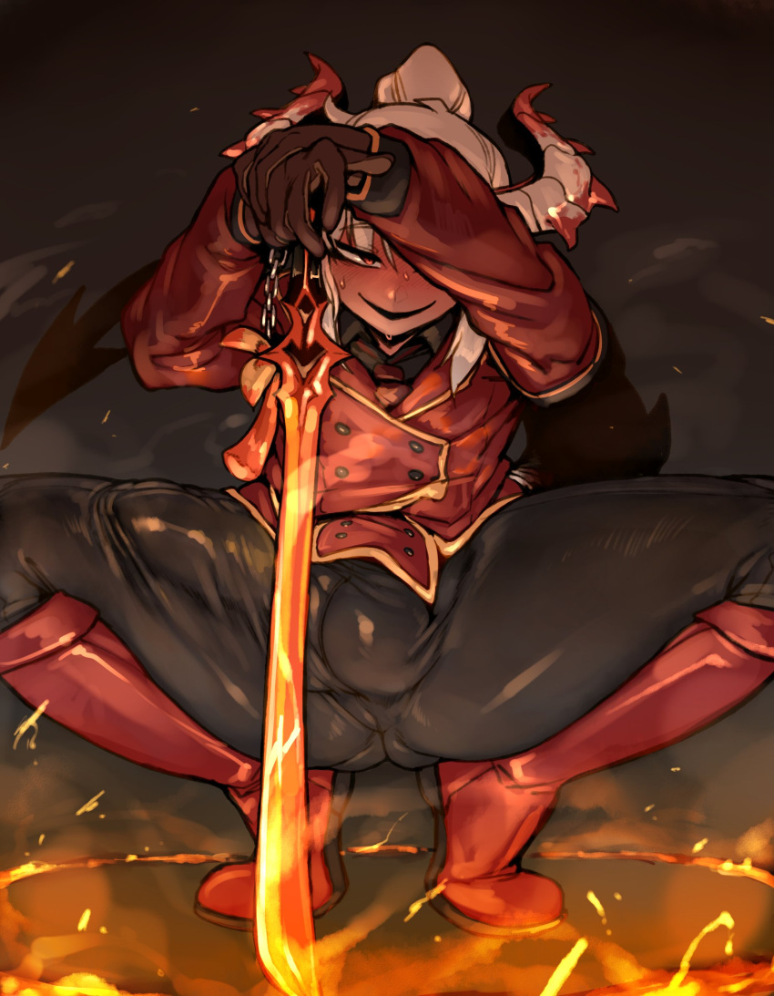 1boy bangs black_background blush boots bulge commentary dark-skinned_male dark_skin demon_boy demon_horns demon_tail doppel_(bonnypir) embers english_commentary erection erection_under_clothes eyebrows_visible_through_hair fire highres holding holding_sword holding_weapon horns jacket long_hair long_pants looking_at_viewer male_focus open_mouth original pants penis planted planted_sword red_eyes red_footwear red_jacket ruby_(nox) shiny shiny_clothes sidelocks simple_background smile spread_legs squatting sweat sword tail testicles weapon white_hair