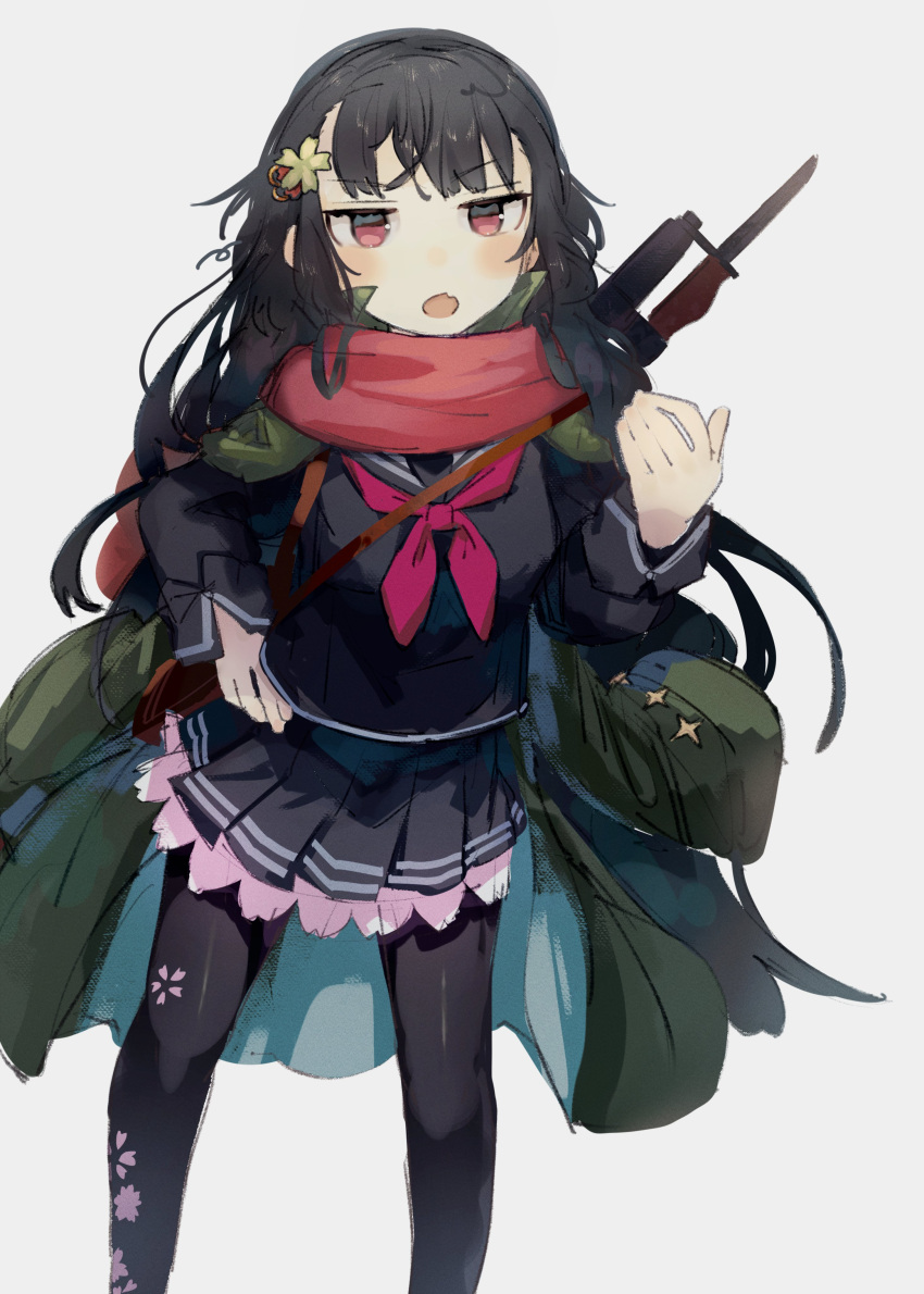 1girl absurdres bangs bayonet black_hair black_legwear cherry_blossom_print floral_print girls'_frontline gun hair_ornament highres kilabo long_hair looking_at_viewer pantyhose pleated_skirt red_eyes red_scarf scarf school_uniform serafuku skirt solo submachine_gun type_100 type_100_(girls'_frontline) weapon white_background