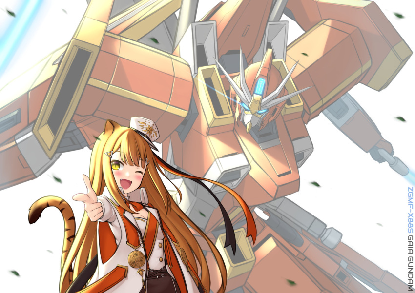 1girl absurdres animal_ears beam_saber blush breasts character_name commission dual_wielding english_commentary fang finger_gun floating_hair gaia_gundam gundam gundam_seed gundam_seed_destiny hat highres holding holding_sword holding_weapon indie_virtual_youtuber jacket long_hair mecha military military_hat military_uniform mobile_suit moofie_(vtuber) one_eye_closed orange_hair pinguinkotak science_fiction second-party_source sleeveless sleeveless_jacket small_breasts smile sword tail tiger_ears tiger_girl tiger_tail uniform v-fin virtual_youtuber weapon white_headwear white_jacket