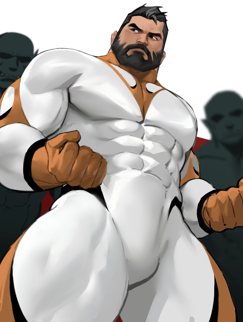 3boys bald bara beard bodysuit bulge covered_abs faceless faceless_male facial_hair from_below highres jang_ju_hyeon large_pectorals male_focus mature_male multiple_boys muscular muscular_male orc original pectorals reward_available short_hair solo_focus stomach superhero thick_eyebrows thick_thighs thighs white_bodysuit