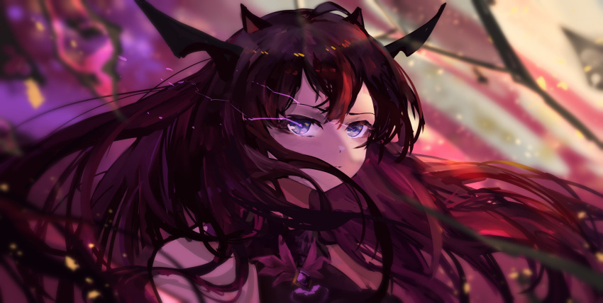 1girl absurdres amulet bare_shoulders black_dress black_hair demon_horns dress furrowed_brow glowing glowing_eyes hair_between_eyes hair_over_mouth highres hololive hololive_english horns irys_(hololive) light_trail long_hair looking_at_viewer multicolored multicolored_background multicolored_hair portrait purple_eyes purple_hair red_hair solo virtual_youtuber vyragami