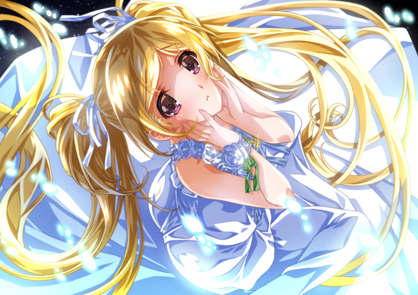 1girl bare_arms bare_shoulders blonde_hair commentary_request dress emily_stewart hair_ribbon highres idolmaster idolmaster_million_live! idolmaster_million_live!_theater_days jewelry long_dress long_hair looking_at_viewer looking_up necklace night pearl_necklace purple_eyes ribbon senomoto_hisashi sky sleeveless sleeveless_dress star_(sky) starry_sky sundress twintails white_dress white_ribbon
