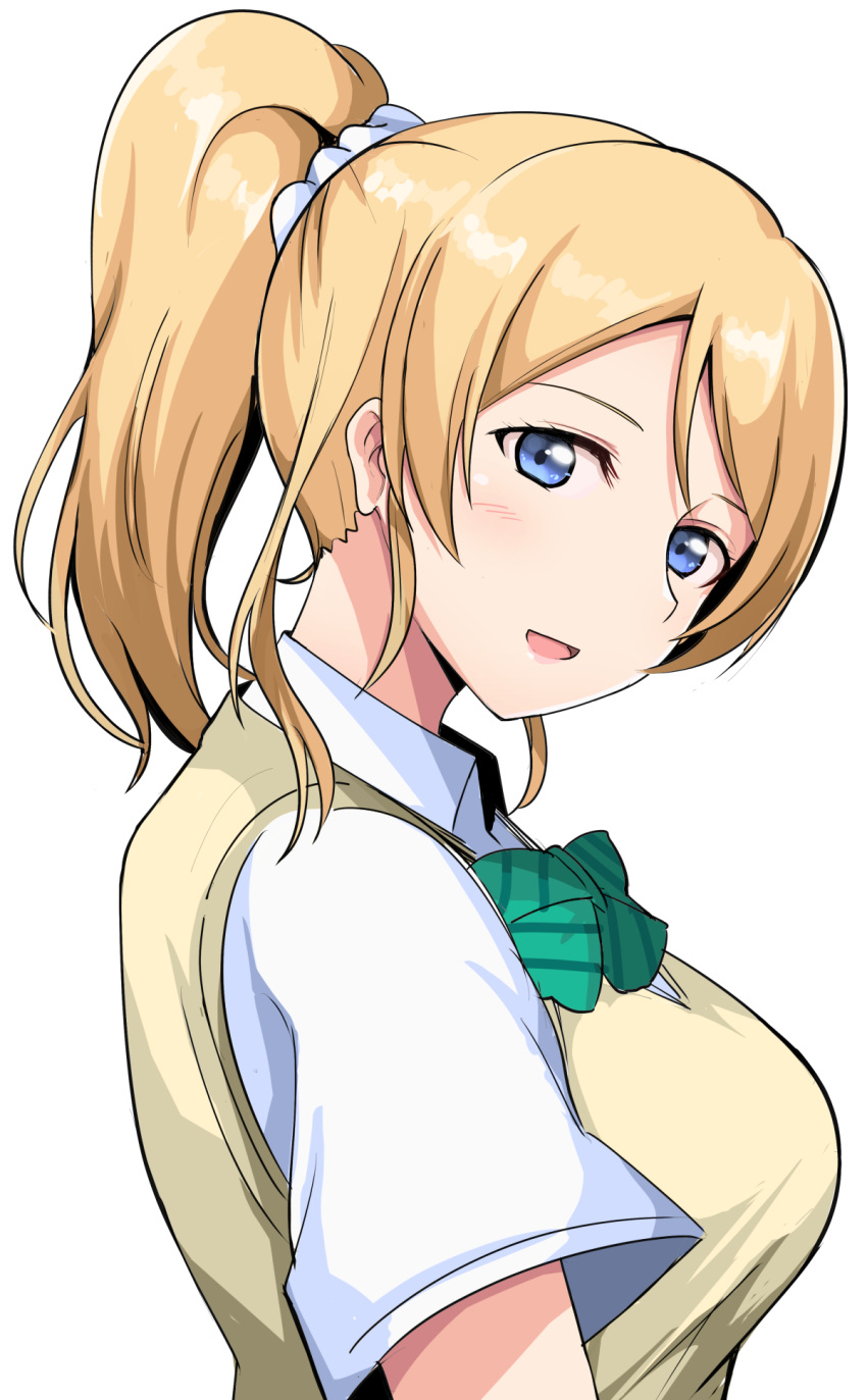 1girl ayase_eli blonde_hair blue_eyes bow bowtie breasts collared_shirt from_side hair_ornament hair_scrunchie highres large_breasts looking_at_viewer love_live! ponytail scrunchie shirt short_sleeves simple_background smile solo sweater_vest upper_body wewe white_background