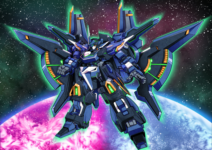 clenched_hand geminion_ray glowing highres mecha mengnaidu no_humans planet shoulder_cannon sky space star_(sky) starry_sky super_robot_wars super_robot_wars_z3