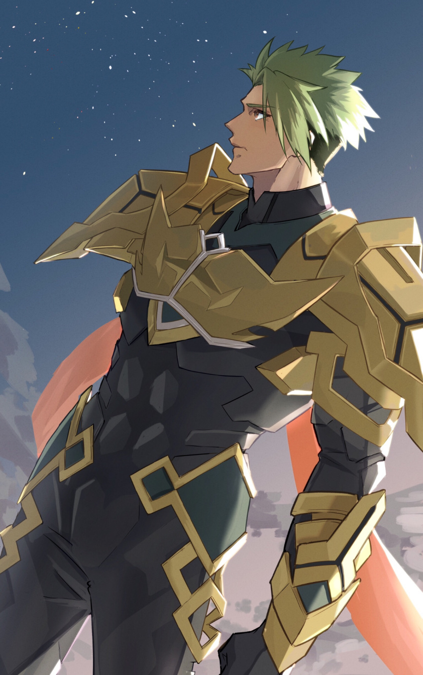 1boy achilles_(fate) armor asymmetrical_hair brown_eyes check_commentary closed_mouth commentary_request cowboy_shot dutch_angle eyebrows_visible_through_hair eyes_visible_through_hair fate/grand_order fate_(series) green_hair haruakira highres looking_away male_focus short_hair shoulder_armor solo standing star_(sky) undercut vambraces