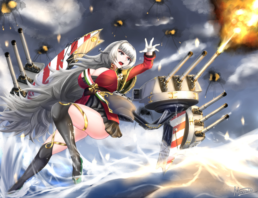 1girl absurdres aiguillette ass azur_lane bangs breasts cleavage epaulettes explosion fighting_stance fire firing flame gloves grey_hair highres huge_filesize large_breasts long_hair medal musanix open_mouth rigging signature silver_eyes silver_hair simple_background skirt standing standing_on_liquid standing_on_one_leg storm thighhighs thighs vittorio_veneto_(azur_lane) water white_gloves