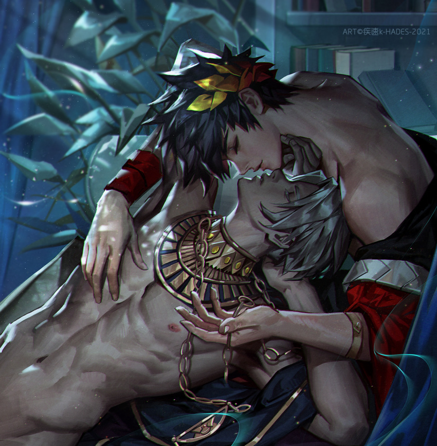 2boys armlet bangs black_hair book bracer cdash817 chinese_commentary closed_eyes commentary_request face-to-face fingernails gold_trim hades_(game) hand_on_another's_chest highres imminent_kiss jewelry laurel_crown light_particles lying_on_person male_focus multiple_boys navel neck_ring nipples parted_bangs plant short_hair thanatos_(hades) watermark white_hair yaoi zagreus_(hades)