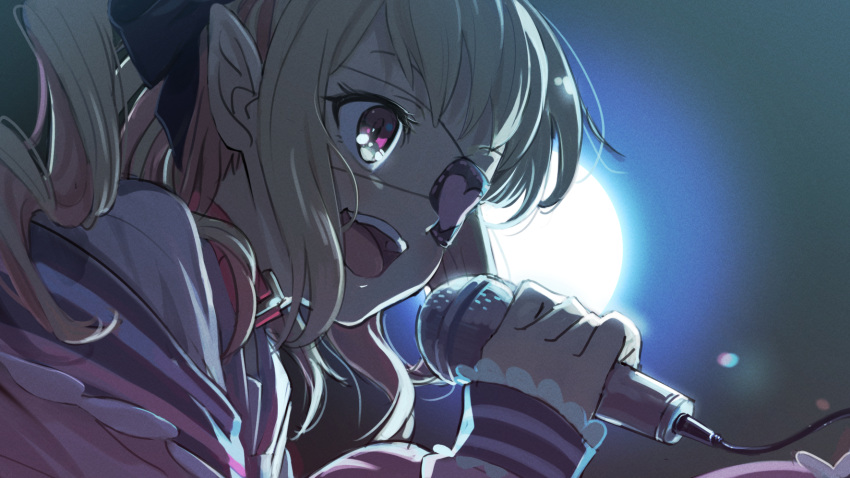 1girl backlighting black_ribbon collar eyepatch grey_hair hair_ribbon heart heart_eyepatch highres holding holding_microphone jacket long_hair makaino_ririmu microphone multicolored_hair music nijisanji off_shoulder open_mouth pink_hair pink_jacket pointy_ears red_collar ribbon sabamen sidelocks singing solo stage_lights twintails two-tone_hair upper_body upper_teeth virtual_youtuber