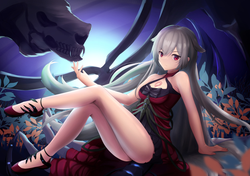1girl absurdres azur_lane bare_shoulders breasts commentary_request dress grey_hair hair_between_eyes highres long_dress long_hair looking_at_viewer medium_breasts montpelier_(azur_lane) montpelier_(persephone's_throne)_(azur_lane) red_dress red_eyes red_footwear sitting solo suzuran_(su-pai) very_long_hair
