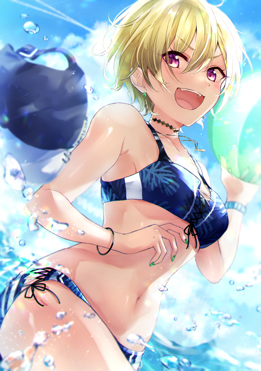 ball beachball bikini blonde_hair blue_bikini blue_sky blush breasts choker day earrings green_nails highres holding holding_ball idolmaster idolmaster_shiny_colors jewelry kumano09_(yaecha0) medium_breasts nail_polish navel necklace ocean open_mouth outdoors purple_eyes saijou_juri short_hair side-tie_bikini sky smile splashing swimsuit wading