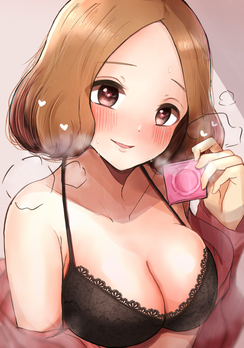 1girl bare_shoulders black_bra blush bra breasts brown_eyes brown_hair cleavage collarbone condom heart heart-shaped_pupils highres holding holding_condom mebunryo_(mebunryo2) okumura_haru persona persona_5 smile solo symbol-shaped_pupils underwear upper_body